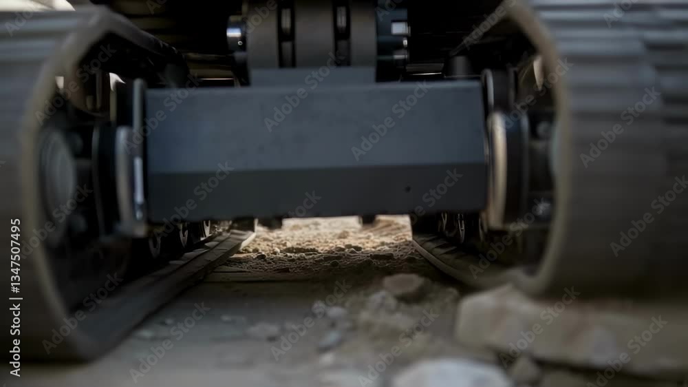 Poster Autonomous robotic platform moving across uneven construction terrain, showcasing advanced tracked mobility system navigating challenging ground with precise engineering performance