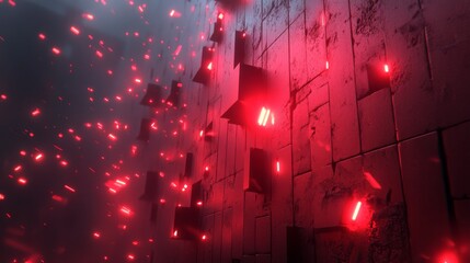 A swarm of glowing data packets, breaking through a digital defense wall 