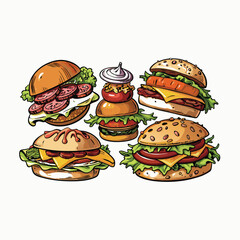 Burgers fresh and tasty design premium logo. Burger Cheese Icon Set Vector Cartoon Flat Illustration