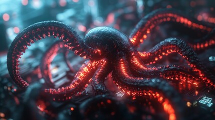 A virus attacking a digital network, represented as glowing red tentacles in cyberspace 