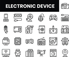A collection of various electronic device icons in a clean, monochromatic style.