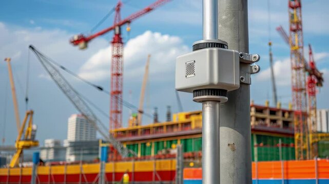 Noise pollution monitoring equipment recording sound levels at bustling urban construction site, tracking decibel measurements near cranes and developing infrastructure