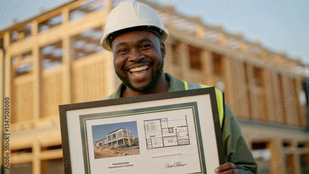 Aufkleber Professional construction worker proudly displaying architectural blueprint and rendering, representing project development and career success at residential building site