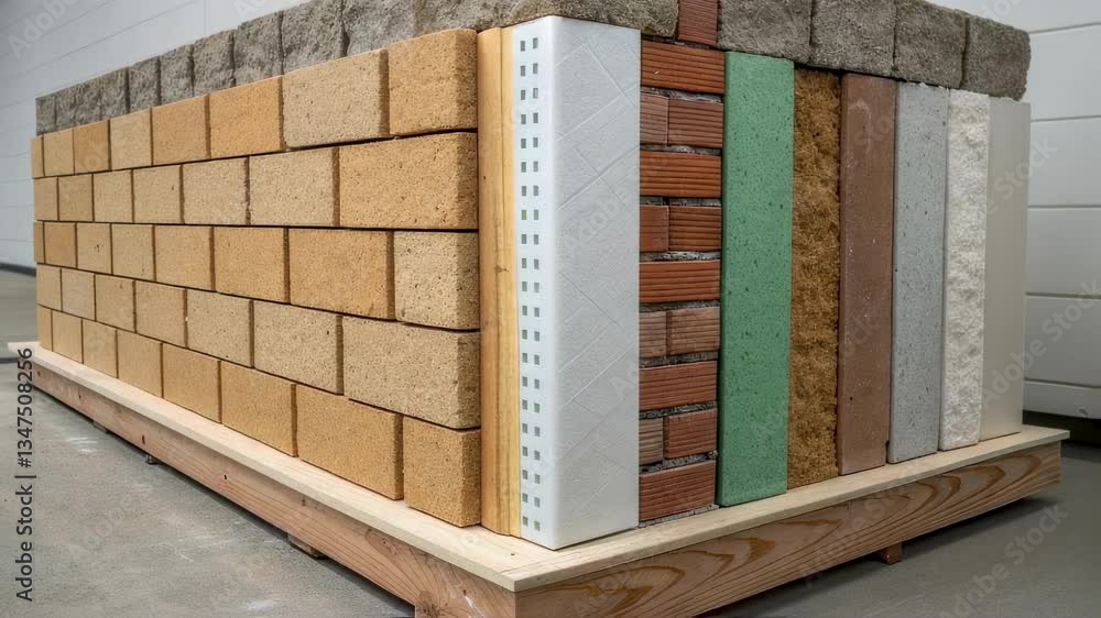 Poster Construction materials and techniques are displayed in a rotating cross section of a sustainable building wall, highlighting different layers for insulation and structural integrity