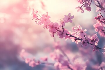 Blooming Pink Cherry Blossoms Branch in Spring Sunlight Floral Scene