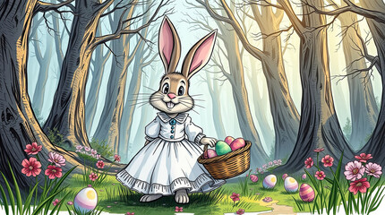 Illustration of a cute bunny wearing a dress and holding a basket full of colored Easter eggs in a spring forest.