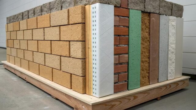 Construction materials and techniques are displayed in a rotating cross section of a sustainable building wall, highlighting different layers for insulation and structural integrity