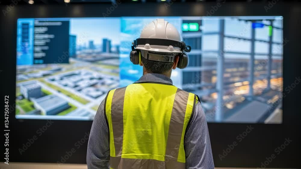Poster Engineer wearing a safety helmet and augmented reality goggles monitors an industrial plant through a large display screen, observing complex data visualizations and schematics