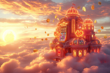 Obraz premium A digital artwork featuring a majestic castle perched on a cliff, surrounded by clouds and golden coins The warm color scheme adds a magical feel to the inviting atmosphere inside - AI-Generated
