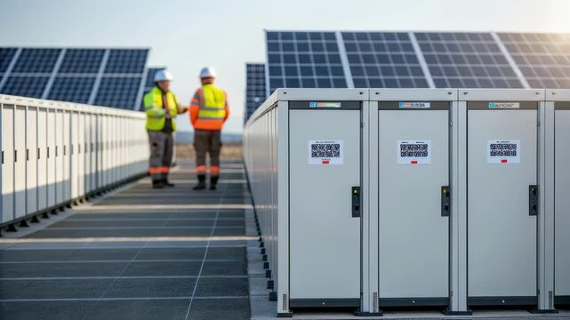 Two engineers in safety vests and hard hats are discussing next to a row of battery storage units in a solar power plant, with solar panels visible in the background