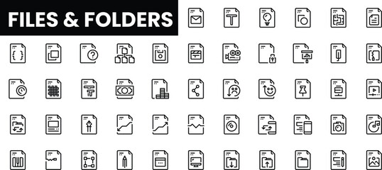 A diverse collection of minimalistic file and folder icons in black and white.
