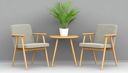 Modern living room with plant, chairs, and a table