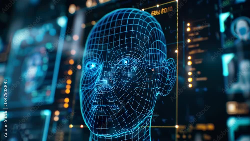 Poster facial recognition technology for identification, human face with data of biometric system on comput
