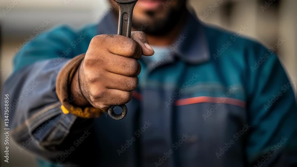 Poster construction worker wearing hardhat and work overalls displaying wrench against blurred background, 