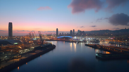 Fototapeta premium Vibrant Cityscape Evening View Over Harbor Featuring Buildings Dock and Pier With Colorful Sky Reflection and Illuminated City Lights