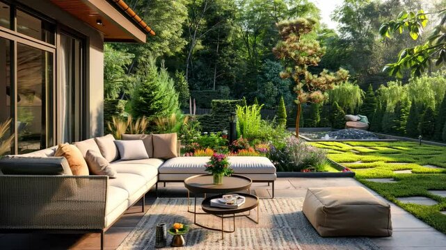 Home garden and luxury house backyard with patio surrounded plants, landscaping back yard in summer, concept of landscape design. 