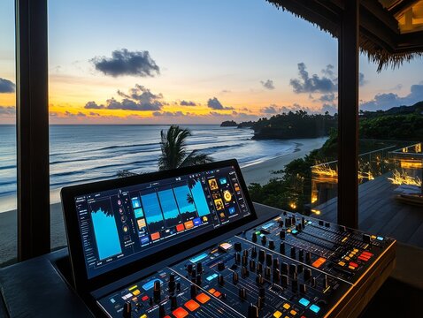 Dj set at sunset on tropical beach with mixing console