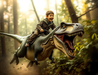 Obraz premium A young boy riding on the back of a dinosaur in the woods