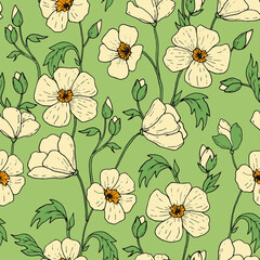 Delicate floral pattern featuring white flowers on a soft green background for textile or wallpaper design