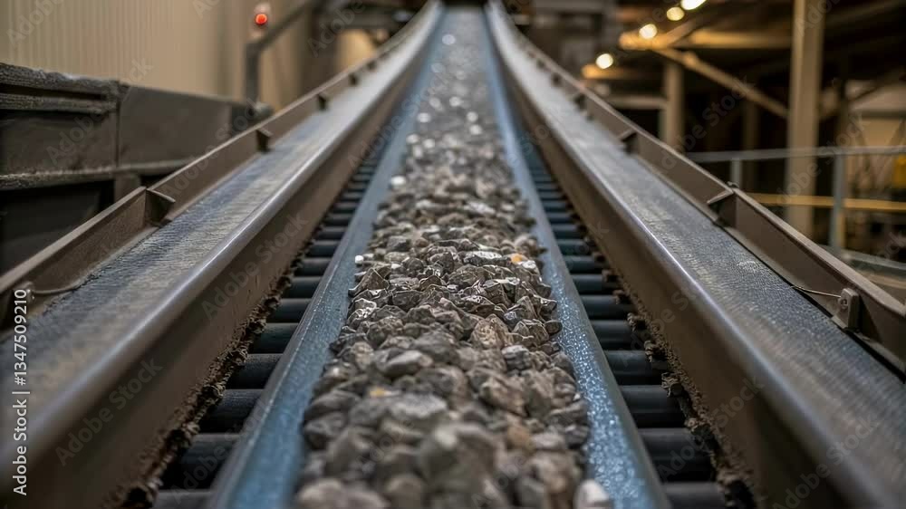 Poster industrial conveyor belt transporting gravel in a processing plant, demonstrating the automated move