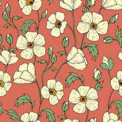 Floral pattern featuring delicate yellow flowers on a warm coral background perfect for fabric design