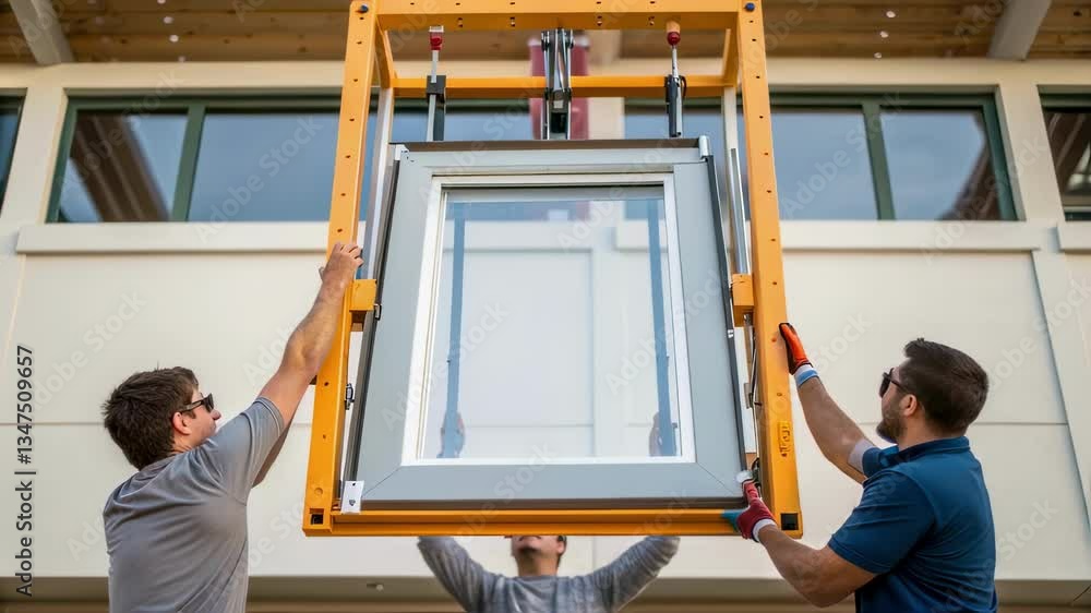 Poster construction workers carefully maneuver a large window frame into place on the exterior of a modern 