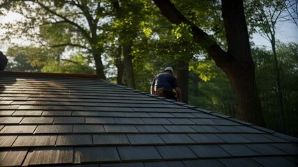 Construction workers installing new roof shingles, working carefully on sloped residential building with sunlit trees and blue sky in background, demonstrating professional roofing skills