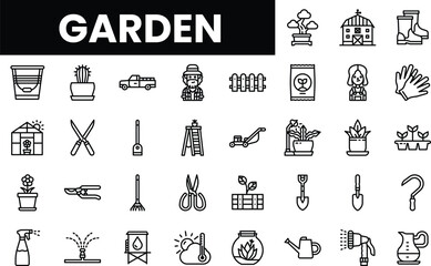 A collection of gardening icons illustrating tools and plants in a simple line art style.