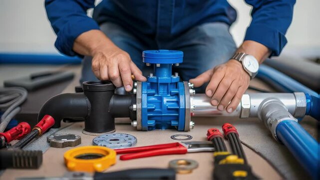 Professional plumber assembling a water pump, carefully connecting pipes and adjusting valves with precision, ensuring a secure and leak free installation for efficient water flow