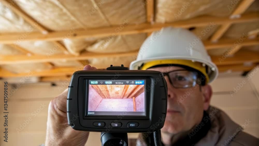 Poster professional inspector wearing safety glasses and hardhat uses thermal imaging camera to check insul
