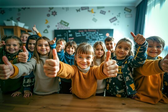 A group of children giving thumbs up in a classroom