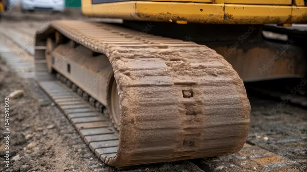 Poster close up revealing excavator track rotating, displaying intricate muddy surface and powerful mechani