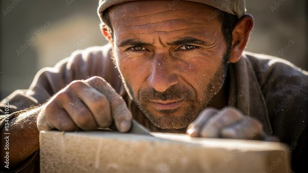 Poster Skilled craftsman carefully shaping stone block with chisel, displaying intense concentration and precision characteristic of traditional masonry craft