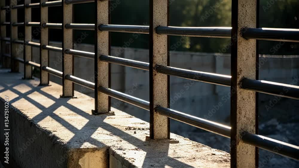 Poster bright sunlight streaming across metal railing, generating dynamic shadows dancing along textured co
