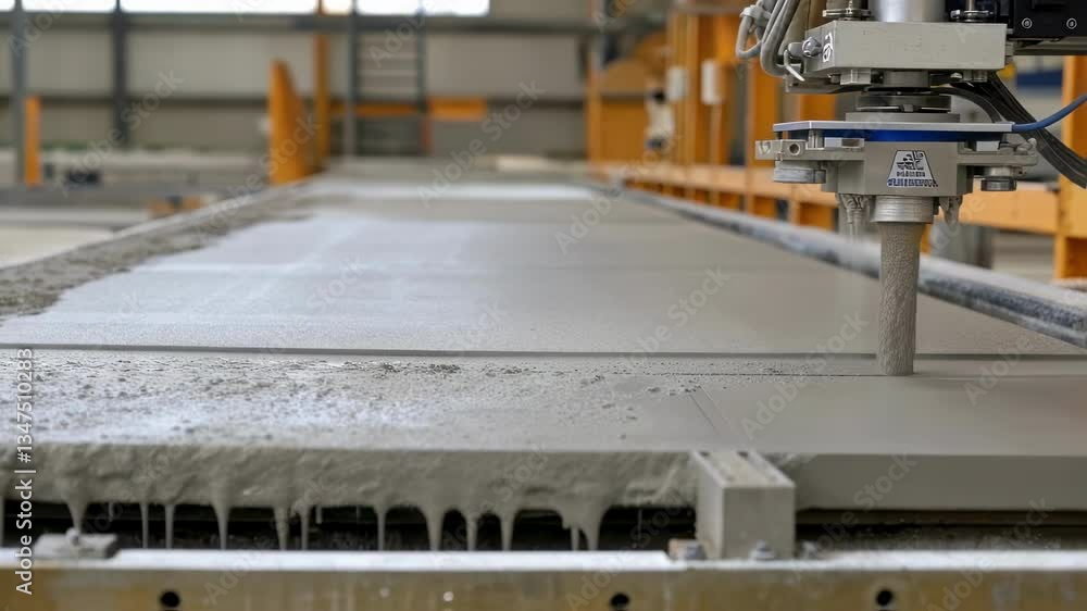 Poster Automated industrial process shows a robotic arm pouring a concrete mixture onto a large surface, creating prefabricated concrete elements for construction