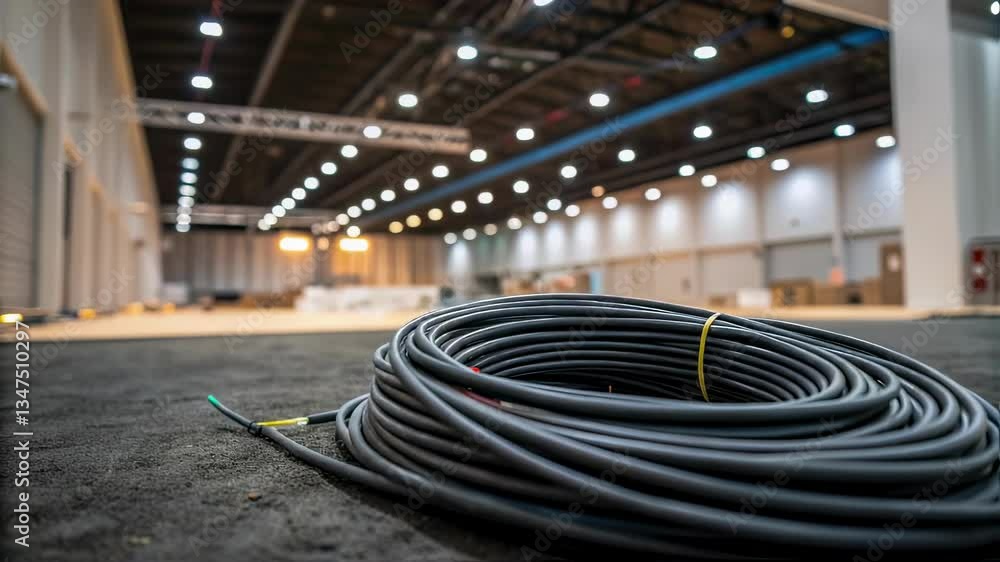 Poster large roll of black industrial cable lying on the floor of a large empty building with lights on the