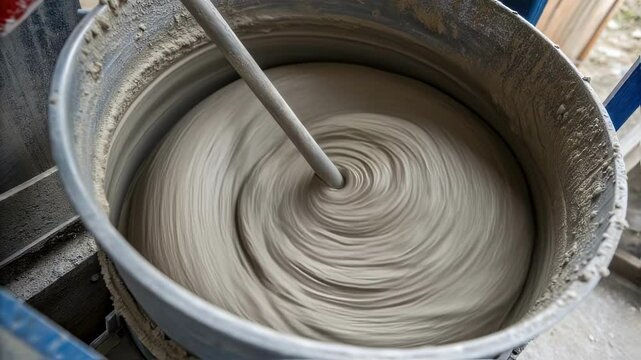 Rotating metal mixer blending wet concrete in construction bucket, generating mesmerizing swirling gray pattern during building process