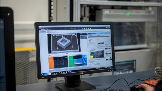 Industrial engineer analyzing automated production processes, operating computer system in high tech control room, managing technological manufacturing workflow with precision and expertise