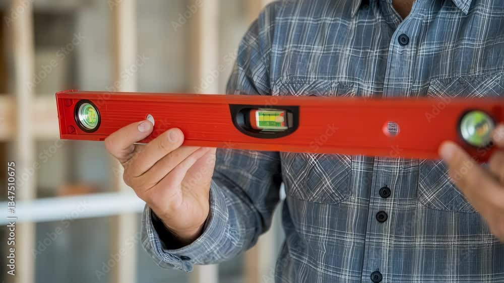 Fototapete Professional builder wearing a hardhat uses a spirit level to check the levelness of a surface during building construction, ensuring precision and accuracy in the framework
