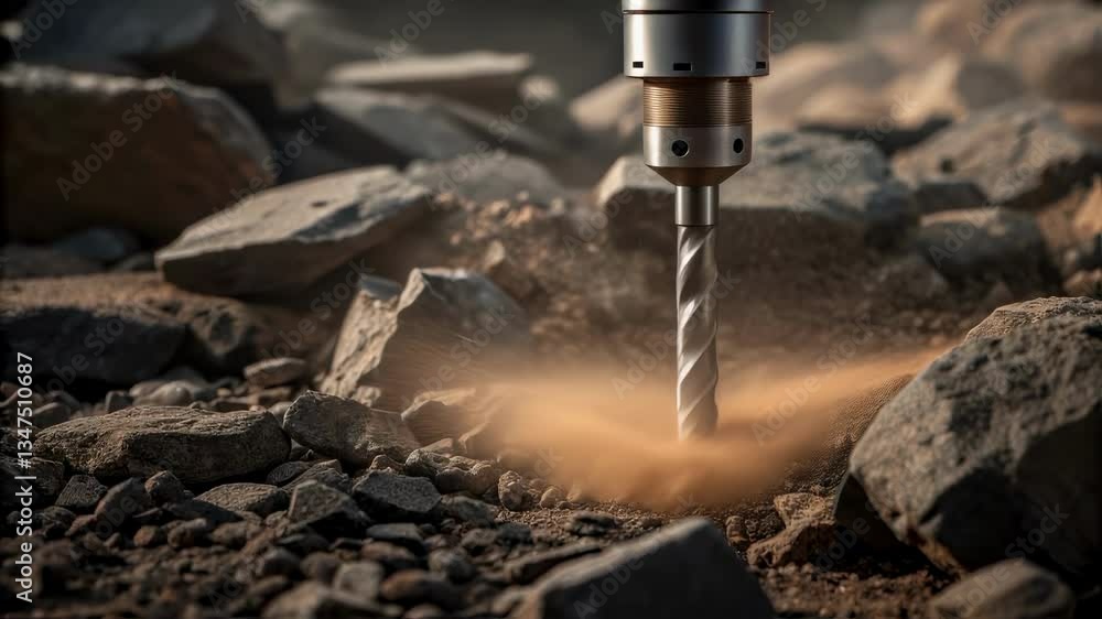 Poster professional drill forcefully penetrating rocky ground, generating substantial dust cloud during int