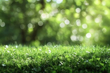 Obraz premium Lush Green Grass with Bokeh Light Background in Natural Environment