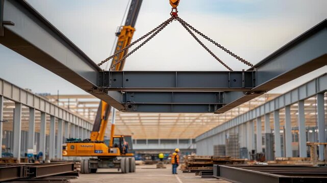 Construction workers carefully lifting steel beams with industrial crane, assembling large metal framework inside manufacturing facility with precision and teamwork