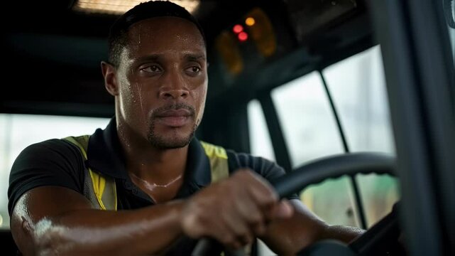 Young sweaty worker wearing a safety vest is driving a vehicle, probably suffering from heat, maybe working overtime or having a difficult situation