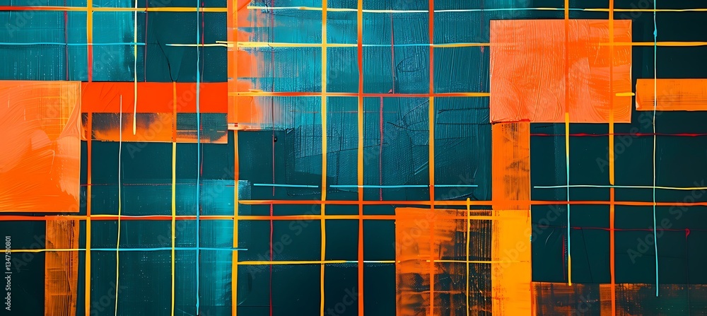 Poster background of intersecting squares with neon accents in orange and teal – empty template for web ban