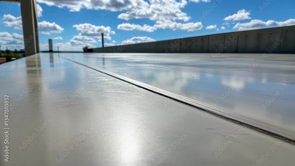 Aufkleber Self leveling concrete spreading smoothly across construction site floor, creating uniform surface reflecting sky and clouds during industrial building development process