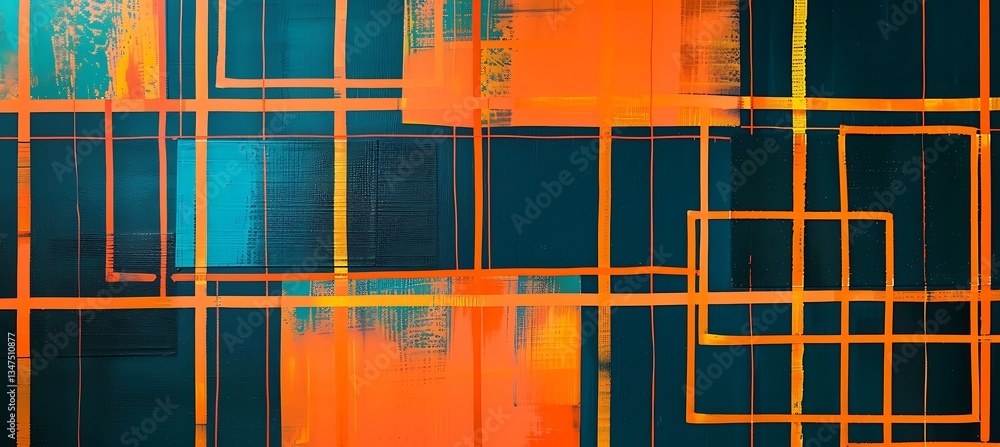 Poster background of intersecting squares with neon accents in orange and teal – empty template for web ban