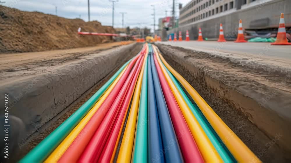 Aufkleber construction workers are installing a bundle of colorful cables in a trench on a road construction s