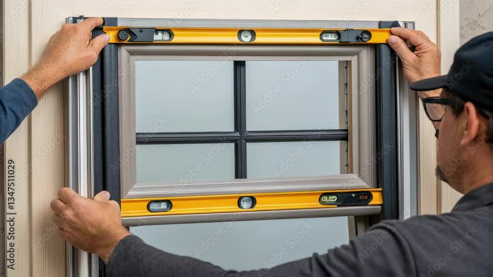 Poster Professional builder using a spirit level while carefully installing a new window in a house, ensuring precise vertical and horizontal alignment for optimal functionality and aesthetics
