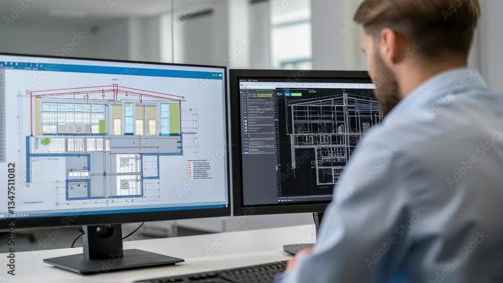 Aufkleber Young male architect working on a building project using professional computer aided design software, analyzing blueprints on dual monitors in a bright modern office