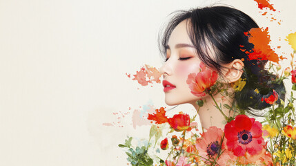 Fototapeta premium serene woman with closed eyes surrounded by vibrant flowers, embodying beauty and tranquility. floral elements create harmonious blend of nature